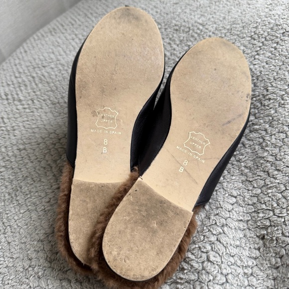 Black Fur-Lined Leather Mule Loafers with Gold Horsebit, Made in Spain, Size 8 - Picture 7 of 9
